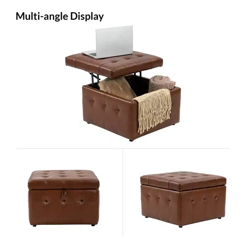 Ottoman carré standard 24 po en cuir véritable capitonné avec rangement