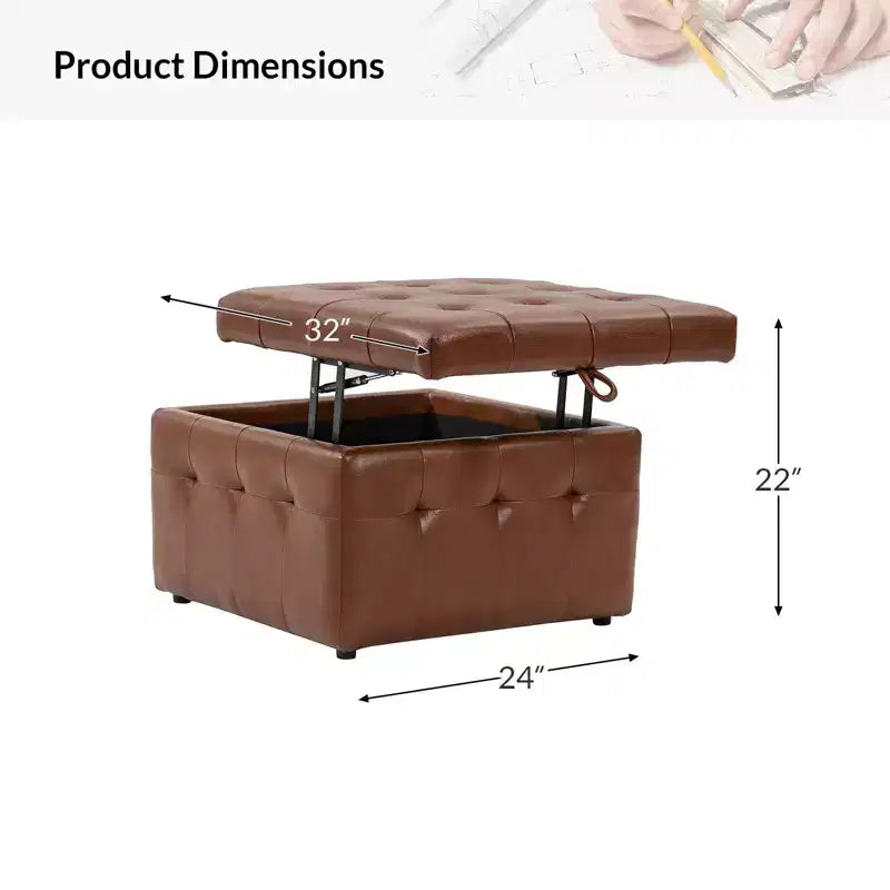 Ottoman carré standard 24 po en cuir véritable capitonné avec rangement