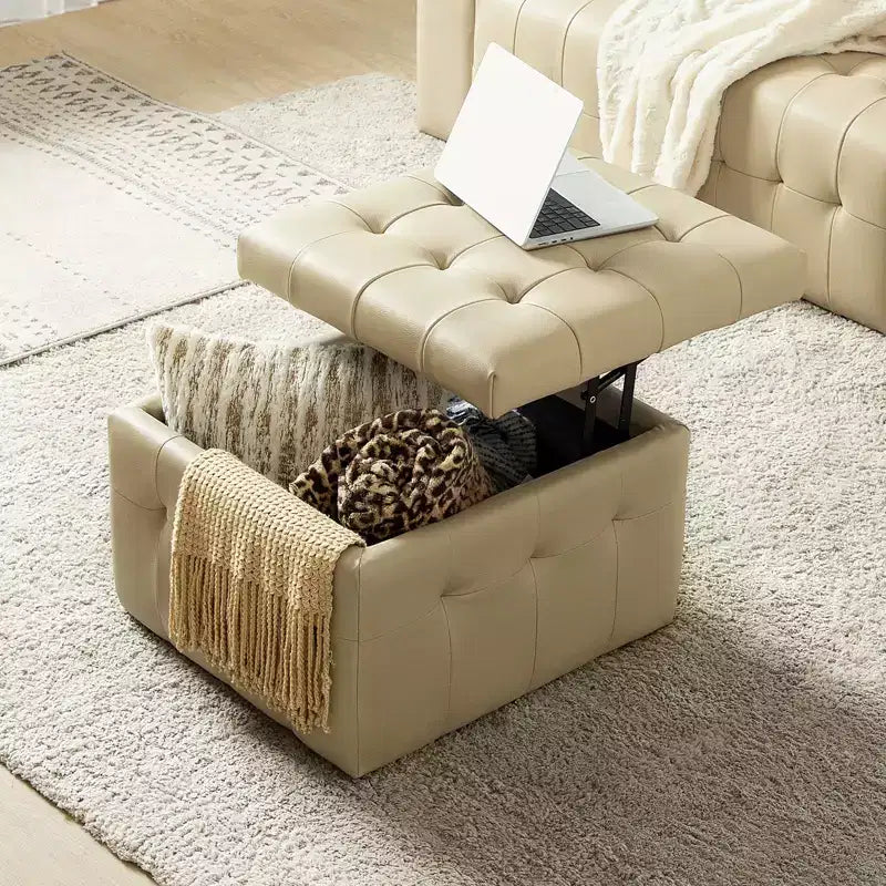 Ottoman carré standard 24 po en cuir véritable capitonné avec rangement