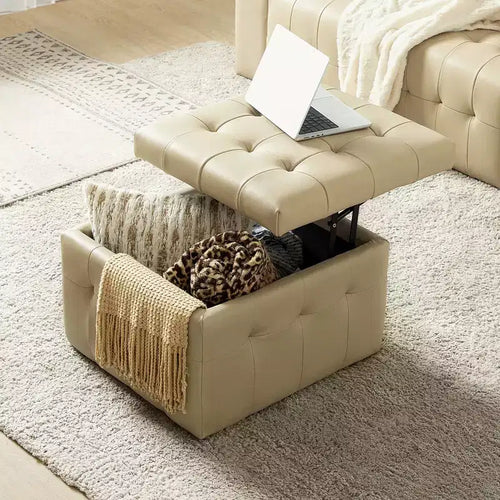 Ottoman carré standard 24 po en cuir véritable capitonné avec rangement