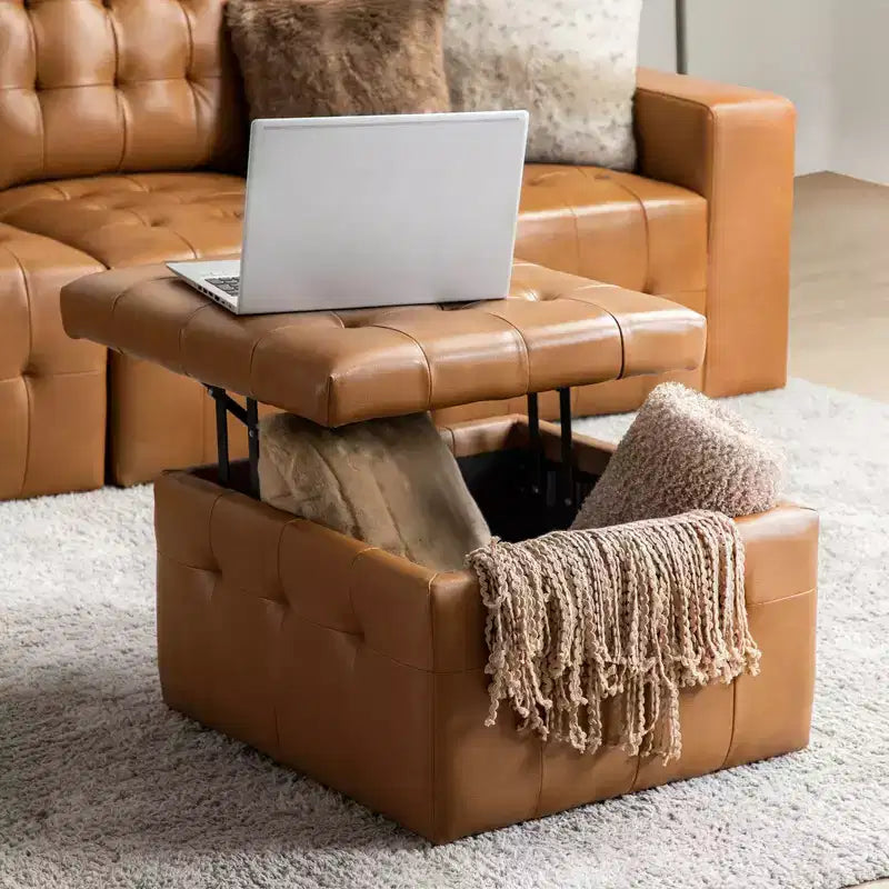 Ottoman carré standard 24 po en cuir véritable capitonné avec rangement