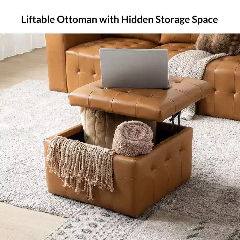 Ottoman carré standard 24 po en cuir véritable capitonné avec rangement