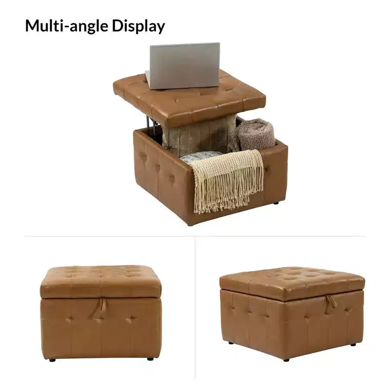 Ottoman carré standard 24 po en cuir véritable capitonné avec rangement