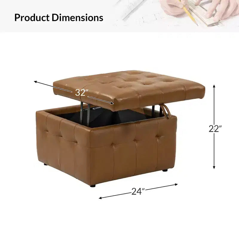 Ottoman carré standard 24 po en cuir véritable capitonné avec rangement