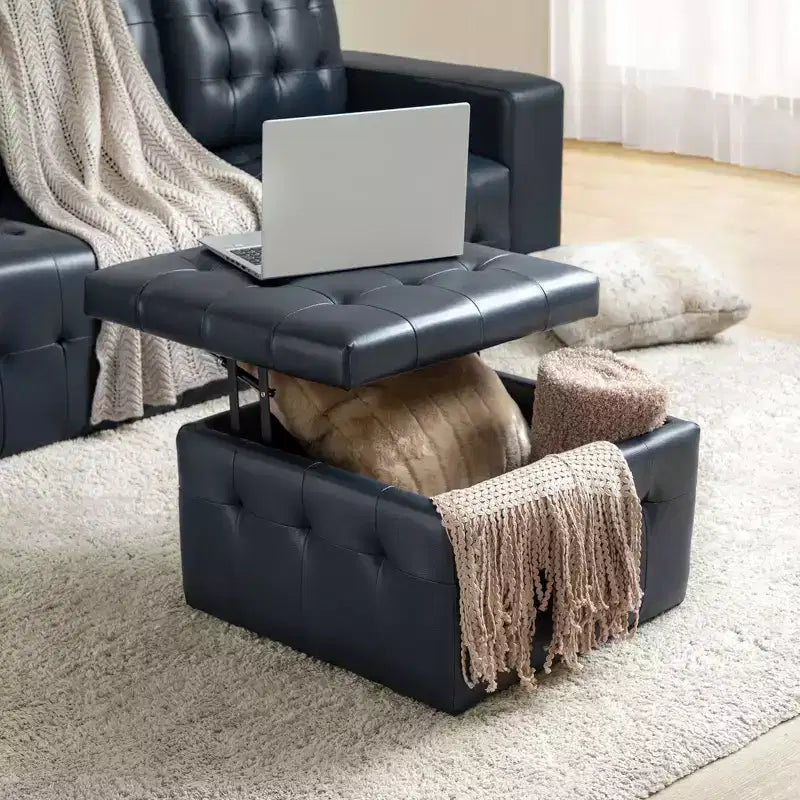 Ottoman carré standard 24 po en cuir véritable capitonné avec rangement