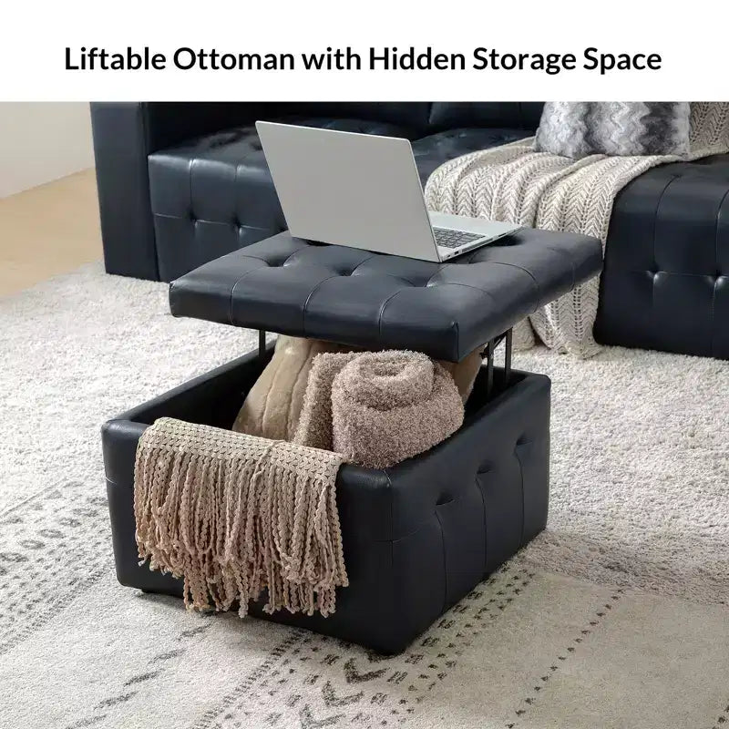Ottoman carré standard 24 po en cuir véritable capitonné avec rangement