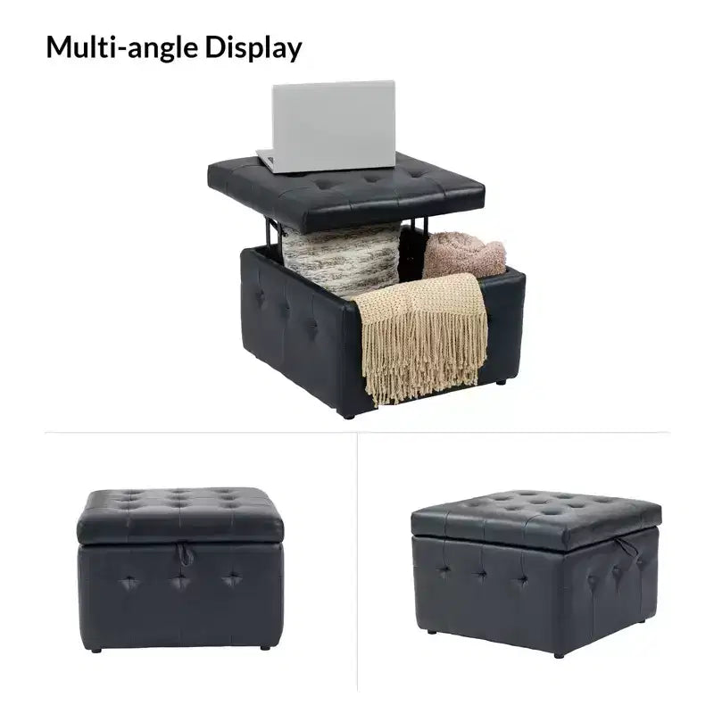 Ottoman carré standard 24 po en cuir véritable capitonné avec rangement