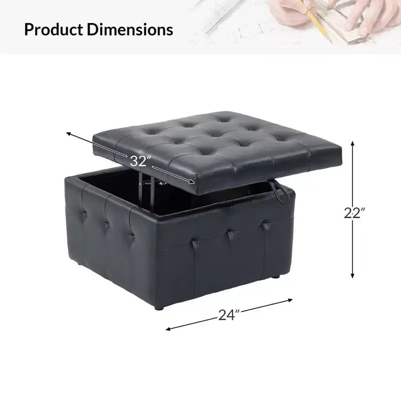 Ottoman carré standard 24 po en cuir véritable capitonné avec rangement