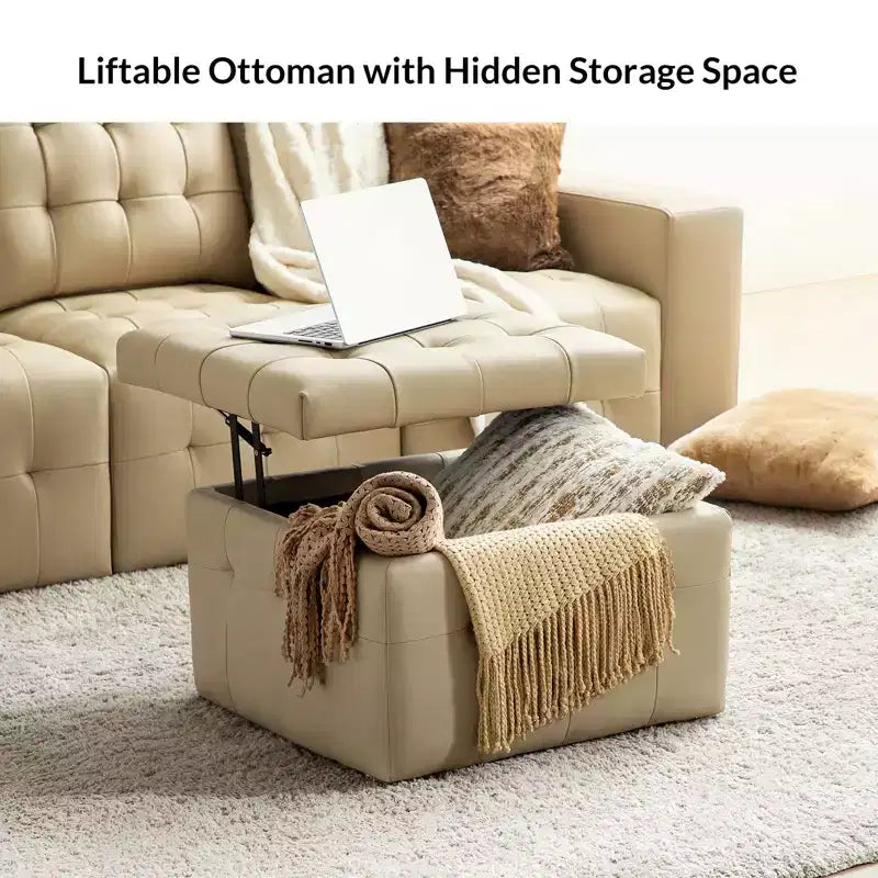 Ottoman carré standard 24 po en cuir véritable capitonné avec rangement