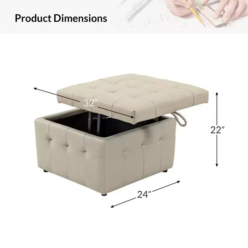 Ottoman carré standard 24 po en cuir véritable capitonné avec rangement