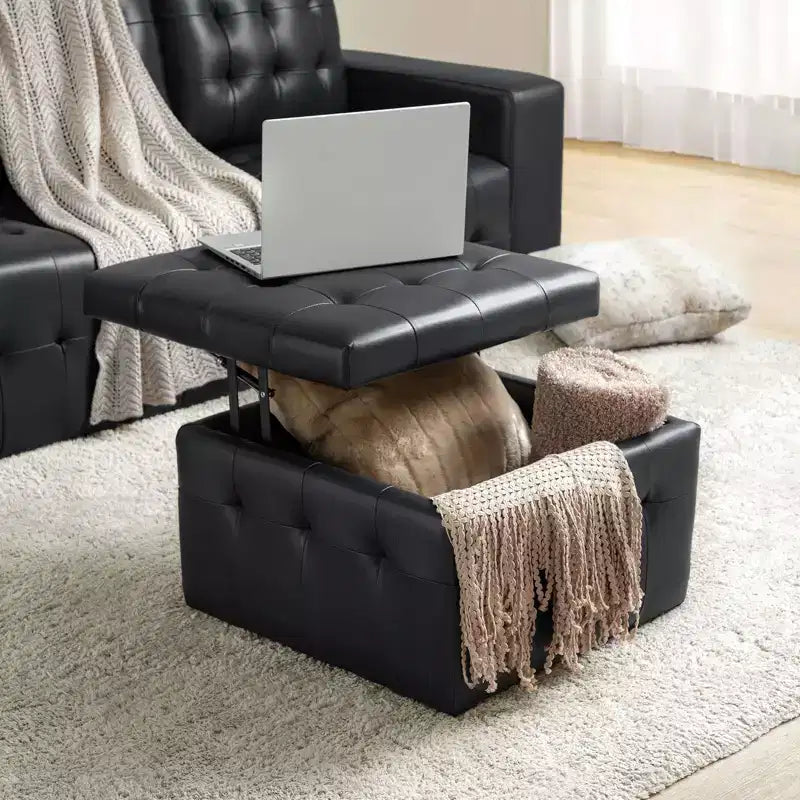 Ottoman carré standard 24 po en cuir véritable capitonné avec rangement