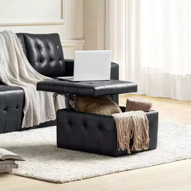 Ottoman carré standard 24 po en cuir véritable capitonné avec rangement
