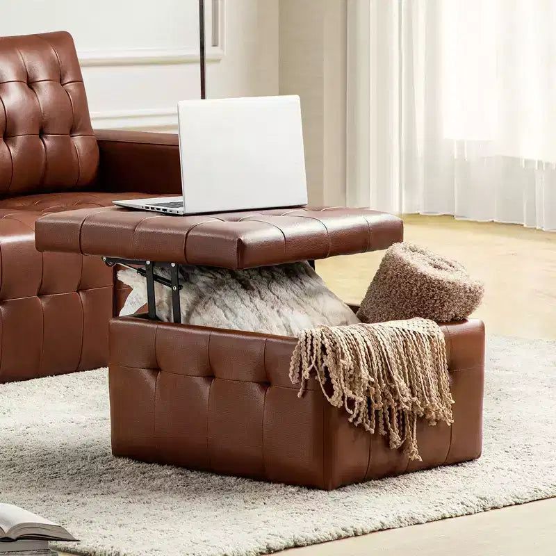Ottoman carré standard 24 po en cuir véritable capitonné avec rangement