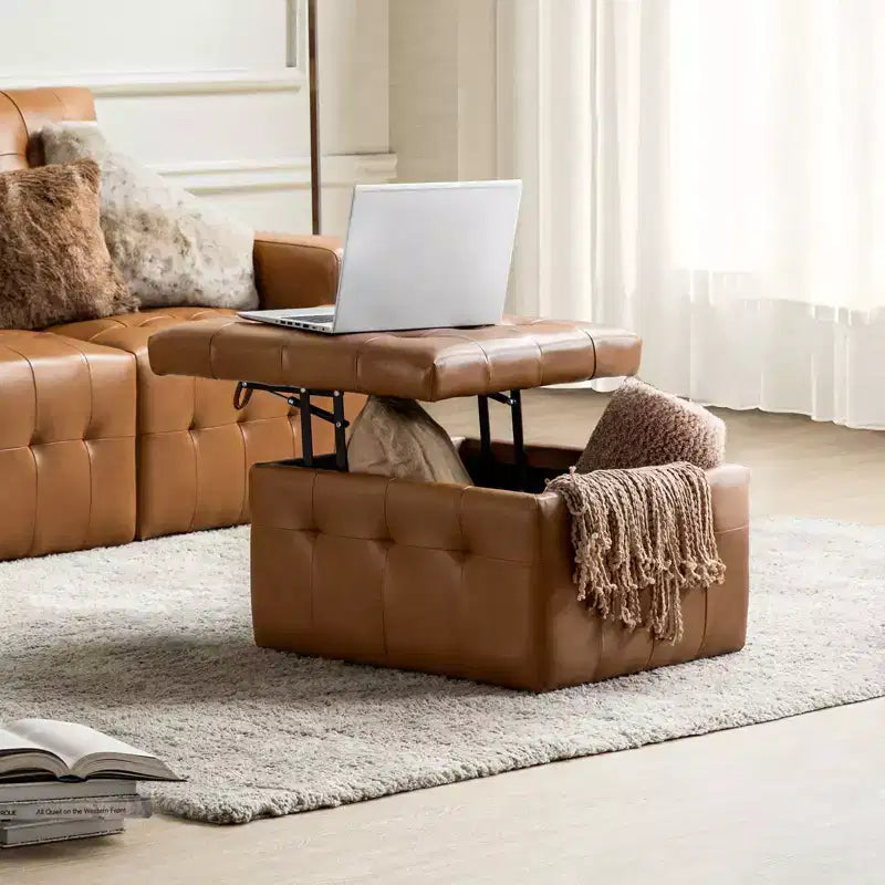 Ottoman carré standard 24 po en cuir véritable capitonné avec rangement