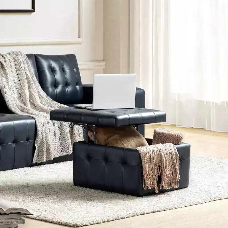Ottoman carré standard 24 po en cuir véritable capitonné avec rangement