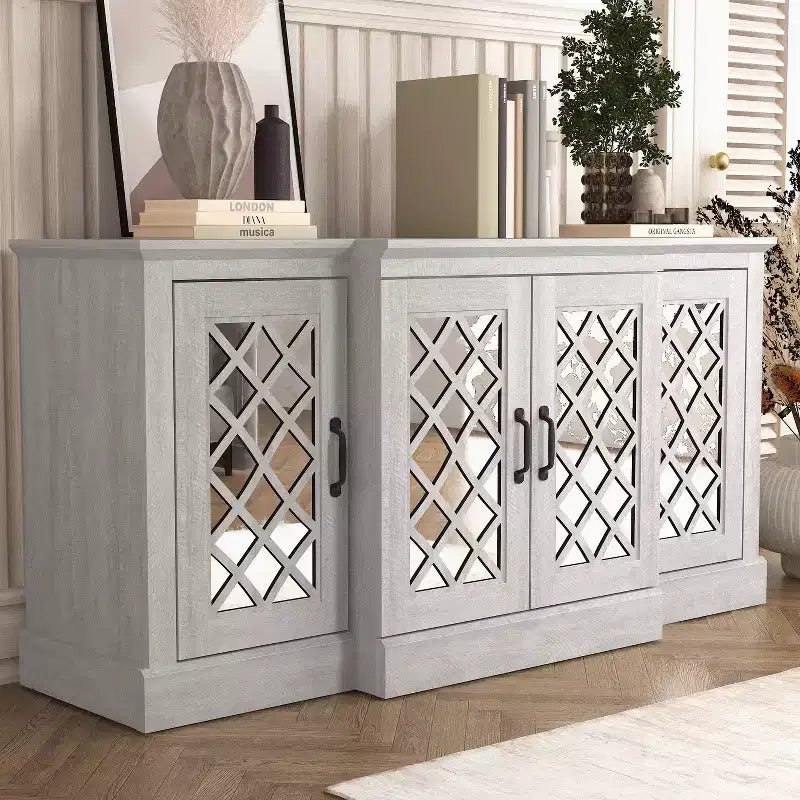 Bahut d'appoint 4 portes avec portes à découpes miroir, 60,4L x 18,2P x 29,3H