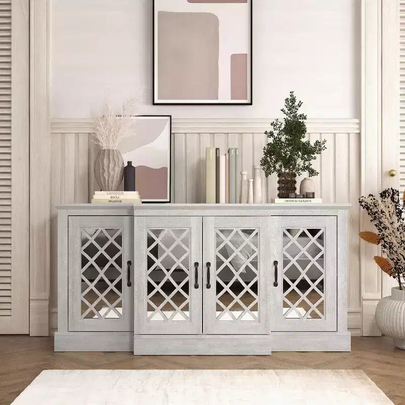 Bahut d'appoint 4 portes avec portes à découpes miroir, 60,4L x 18,2P x 29,3H