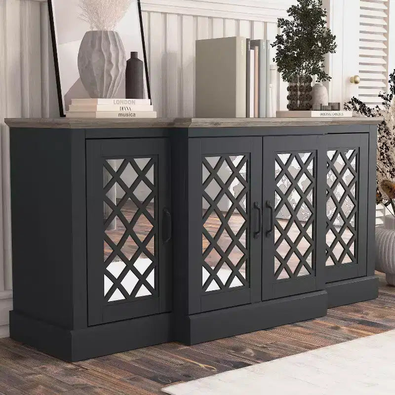Bahut d'appoint 4 portes avec portes à découpes miroir, 60,4L x 18,2P x 29,3H