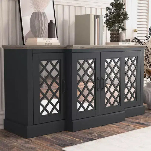 Bahut d'appoint 4 portes avec portes à découpes miroir, 60,4L x 18,2P x 29,3H