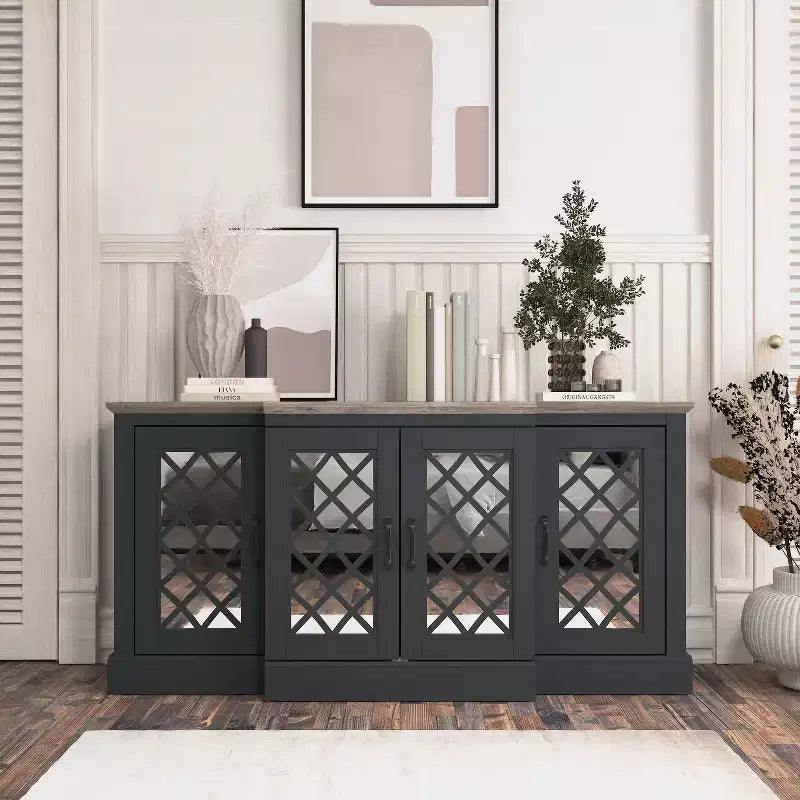Bahut d'appoint 4 portes avec portes à découpes miroir, 60,4L x 18,2P x 29,3H