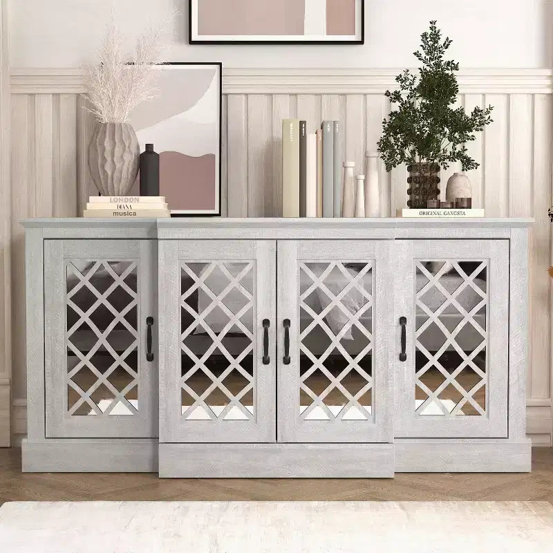Bahut d'appoint 4 portes avec portes à découpes miroir, 60,4L x 18,2P x 29,3H