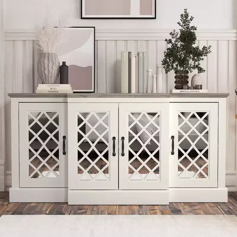 Bahut d'appoint 4 portes avec portes à découpes miroir, 60,4L x 18,2P x 29,3H