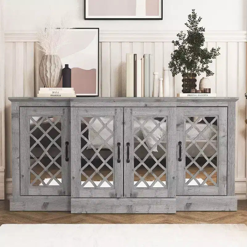 Bahut d'appoint 4 portes avec portes à découpes miroir, 60,4L x 18,2P x 29,3H