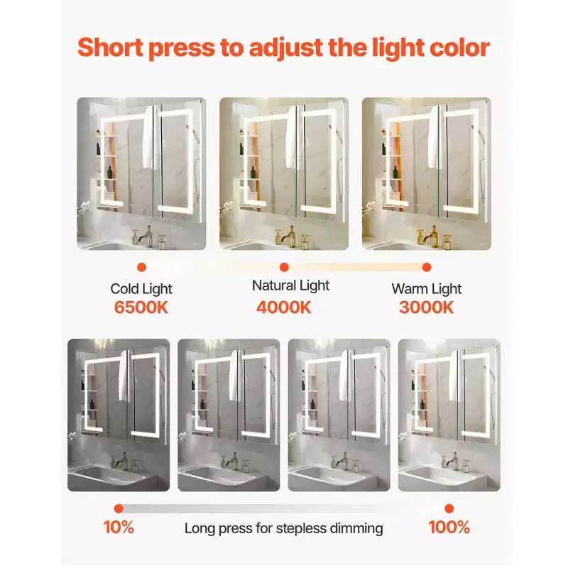 Armoire à pharmacie éclairée avec miroir, 36 x 30 pouces Encastrée ou murale, Armoire à pharmacie de salle de bain à LED dimmable 3 couleurs avec miroir HD, horloge, blanc