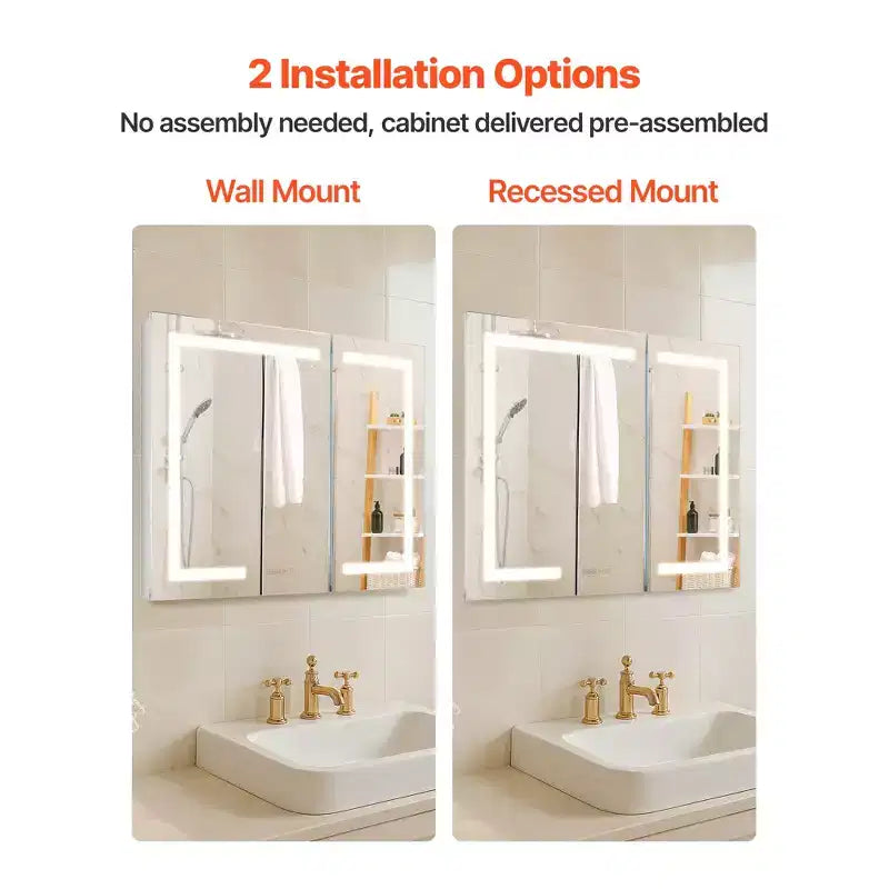 Armoire à pharmacie éclairée avec miroir, 36 x 30 pouces Encastrée ou murale, Armoire à pharmacie de salle de bain à LED dimmable 3 couleurs avec miroir HD, horloge, blanc