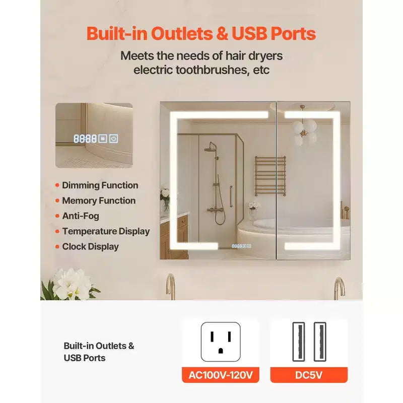 Armoire à pharmacie éclairée avec miroir, 36 x 30 pouces Encastrée ou murale, Armoire à pharmacie de salle de bain à LED dimmable 3 couleurs avec miroir HD, horloge, blanc