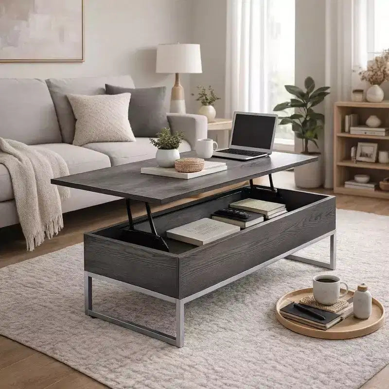 Table basse en bois avec deux plateaux relevables et des pieds traîneaux en métal, gris et argent
