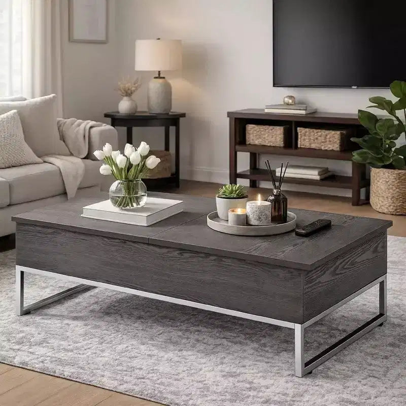 Table basse en bois avec deux plateaux relevables et des pieds traîneaux en métal, gris et argent