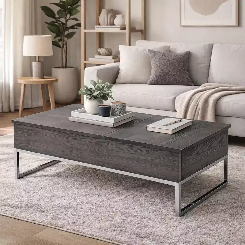Table basse en bois avec deux plateaux relevables et des pieds traîneaux en métal, gris et argent