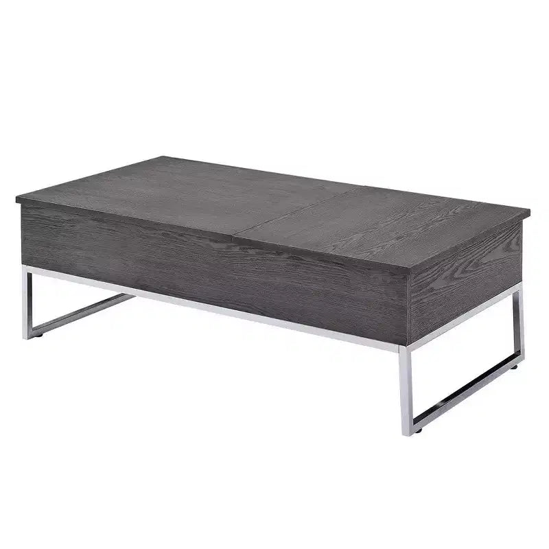 Table basse en bois avec deux plateaux relevables et des pieds traîneaux en métal, gris et argent