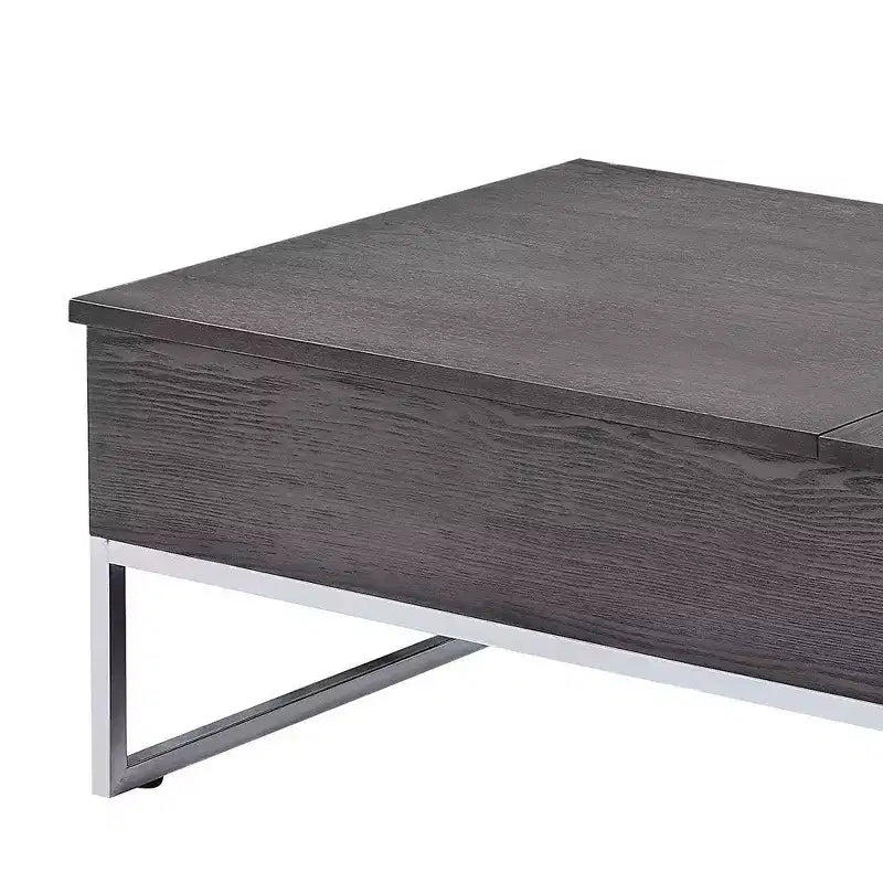 Table basse en bois avec deux plateaux relevables et des pieds traîneaux en métal, gris et argent