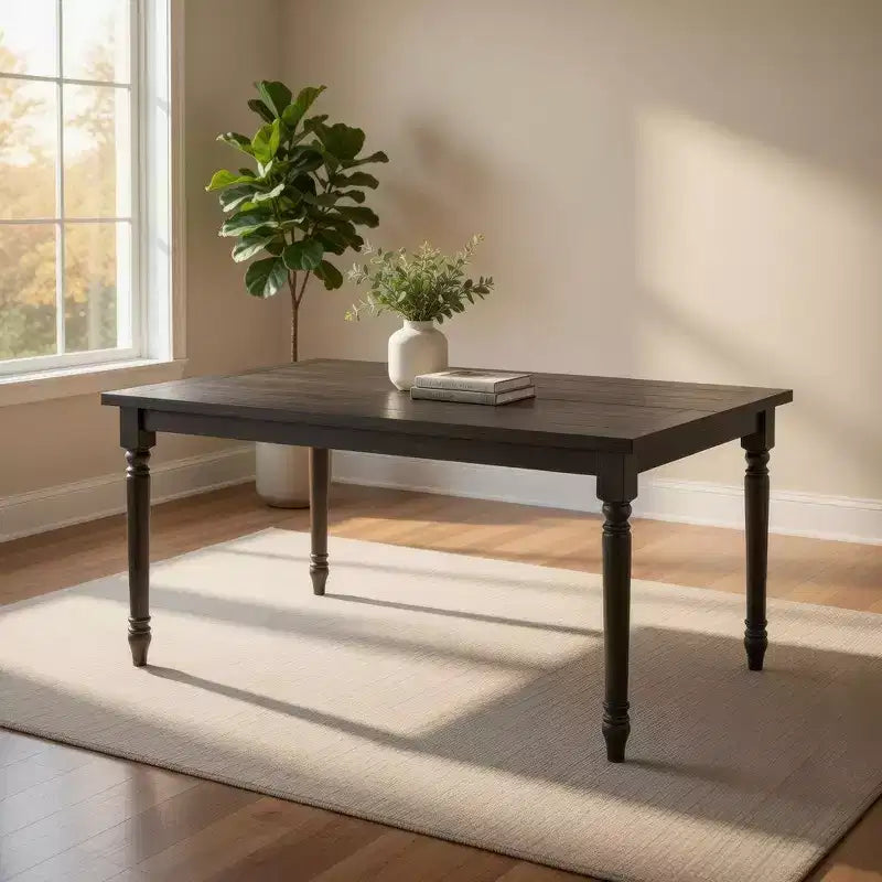 Table à manger en bois de style rustique avec plateau rectangulaire et pieds tournés, grise