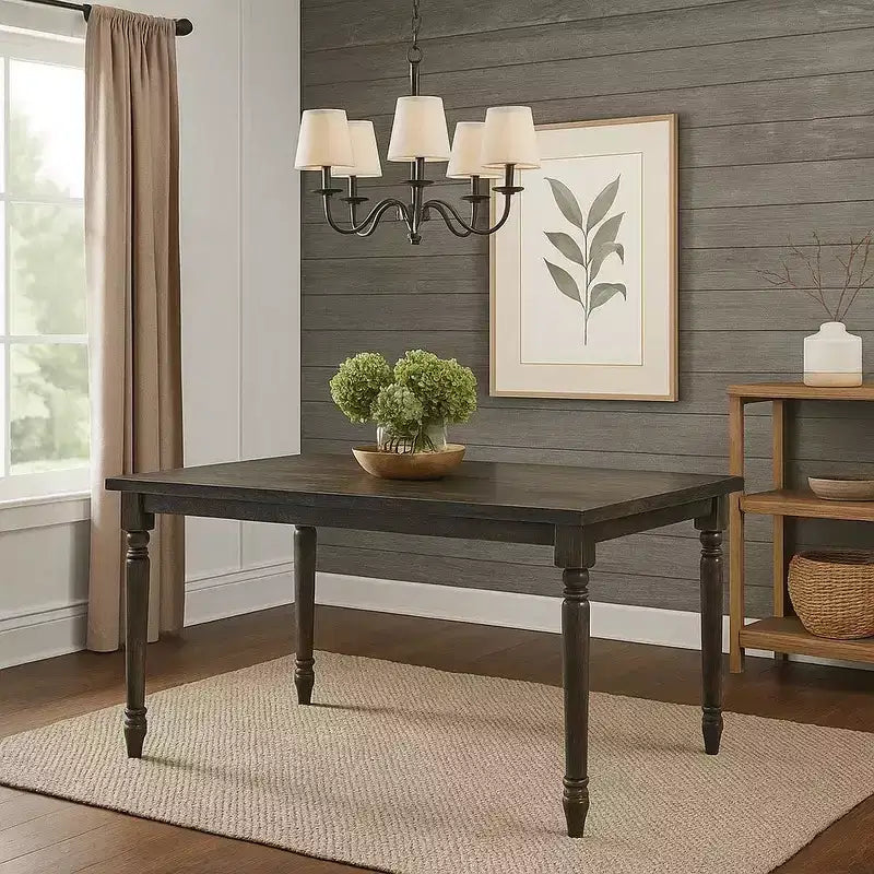 Table à manger en bois de style rustique avec plateau rectangulaire et pieds tournés, grise