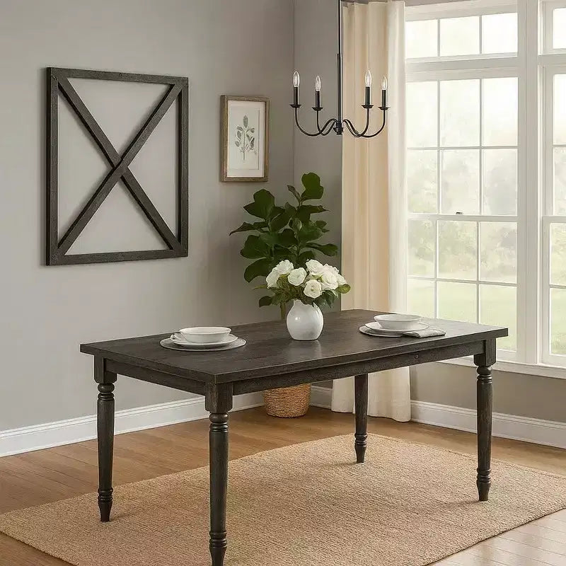 Table à manger en bois de style rustique avec plateau rectangulaire et pieds tournés, grise