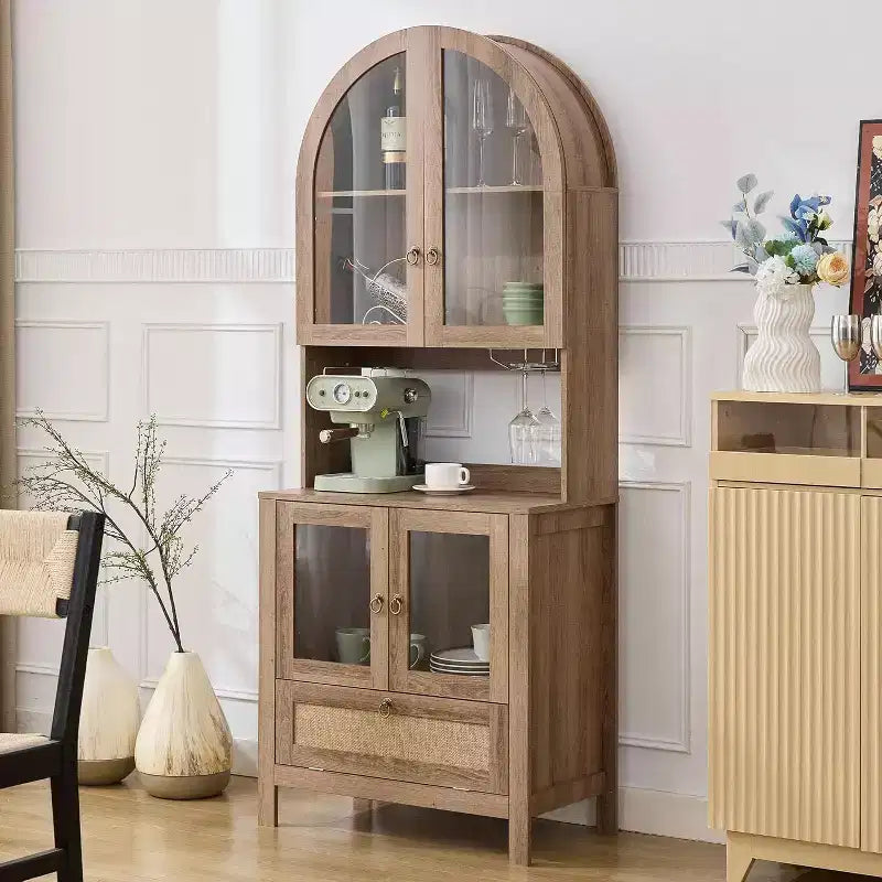 Meuble de rangement haut cintré de 190 cm, Armoire de cuisine en bois avec dispositif anti-basculement, Placard polyvalent avec tiroir innovant