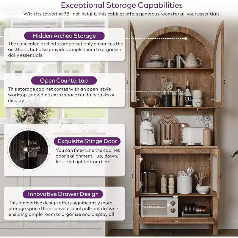 Meuble de rangement haut cintré de 190 cm, Armoire de cuisine en bois avec dispositif anti-basculement, Placard polyvalent avec tiroir innovant