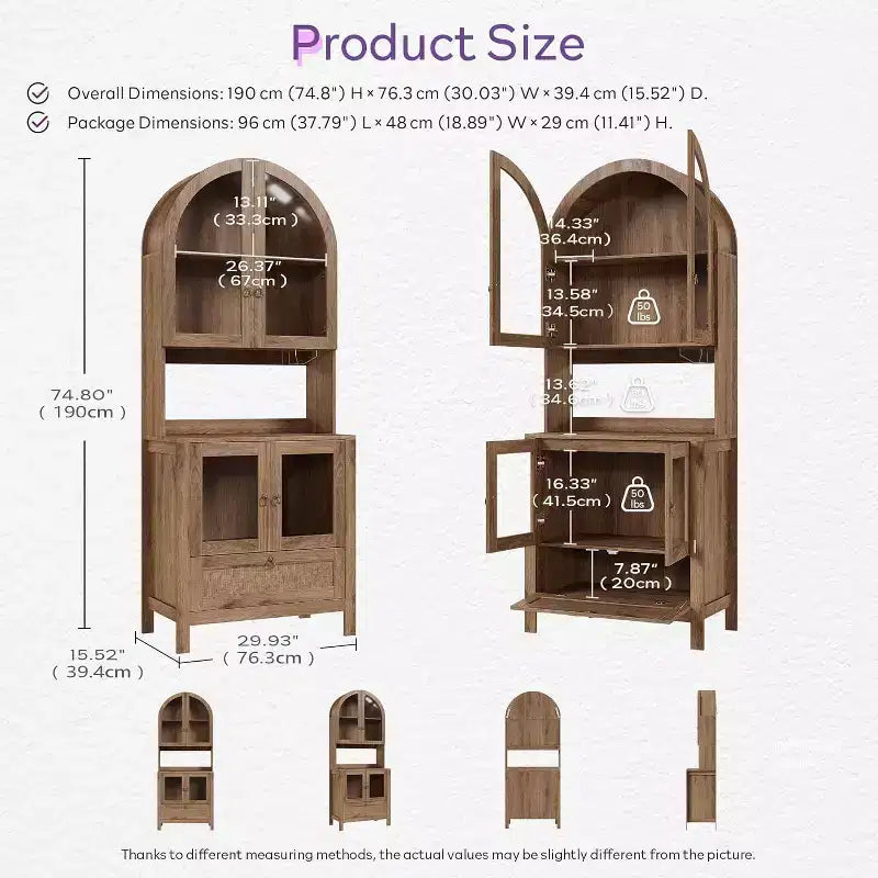 Meuble de rangement haut cintré de 190 cm, Armoire de cuisine en bois avec dispositif anti-basculement, Placard polyvalent avec tiroir innovant
