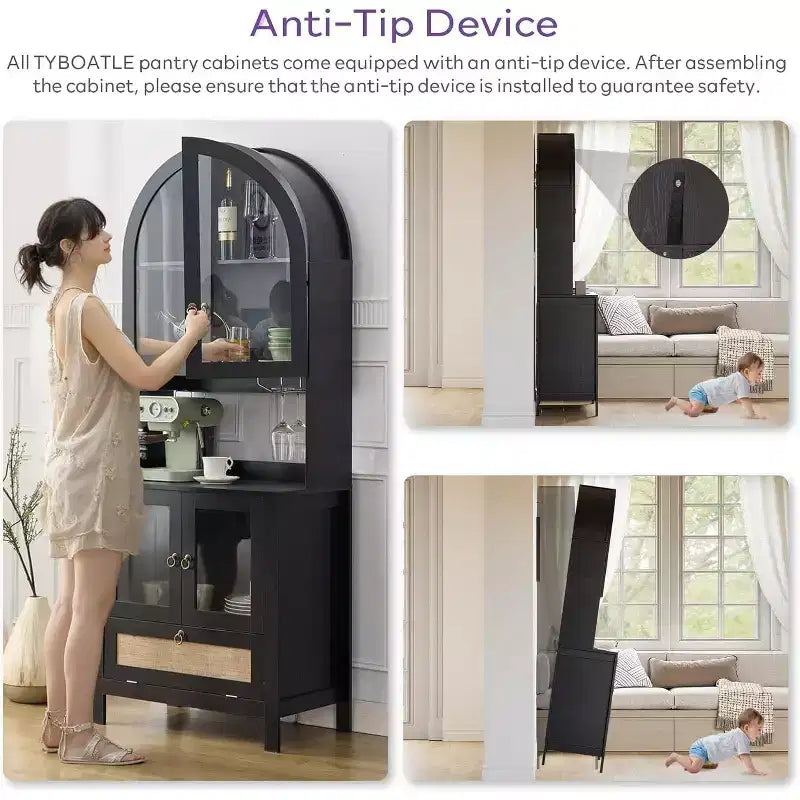 Meuble de rangement haut cintré de 190 cm, Armoire de cuisine en bois avec dispositif anti-basculement, Placard polyvalent avec tiroir innovant