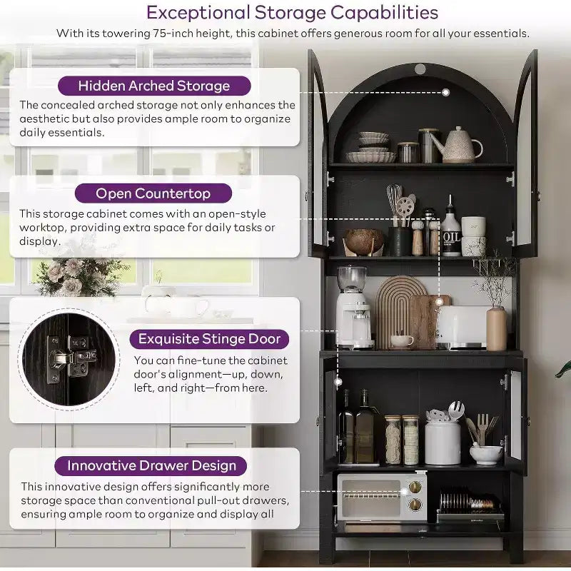 Meuble de rangement haut cintré de 190 cm, Armoire de cuisine en bois avec dispositif anti-basculement, Placard polyvalent avec tiroir innovant