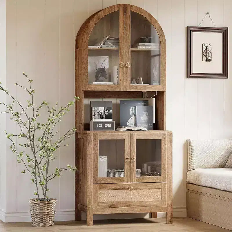 Meuble de rangement haut cintré de 190 cm, Armoire de cuisine en bois avec dispositif anti-basculement, Placard polyvalent avec tiroir innovant