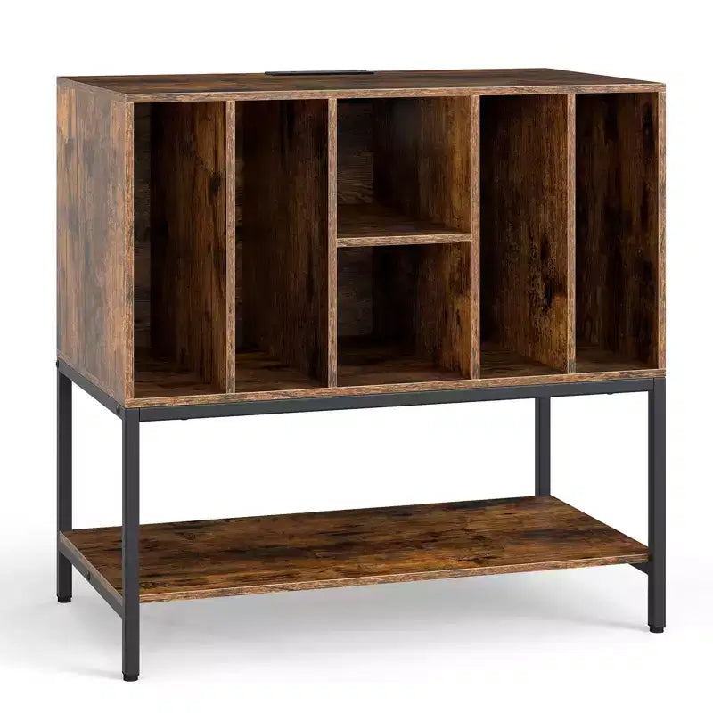 Meuble pour platine vinyle avec station de recharge, rangement pour vinyles, étagères, cadre métallique