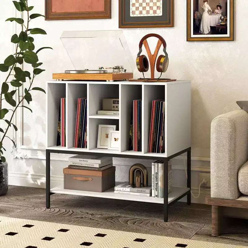 Meuble pour platine vinyle avec station de recharge, rangement pour vinyles, étagères, cadre métallique