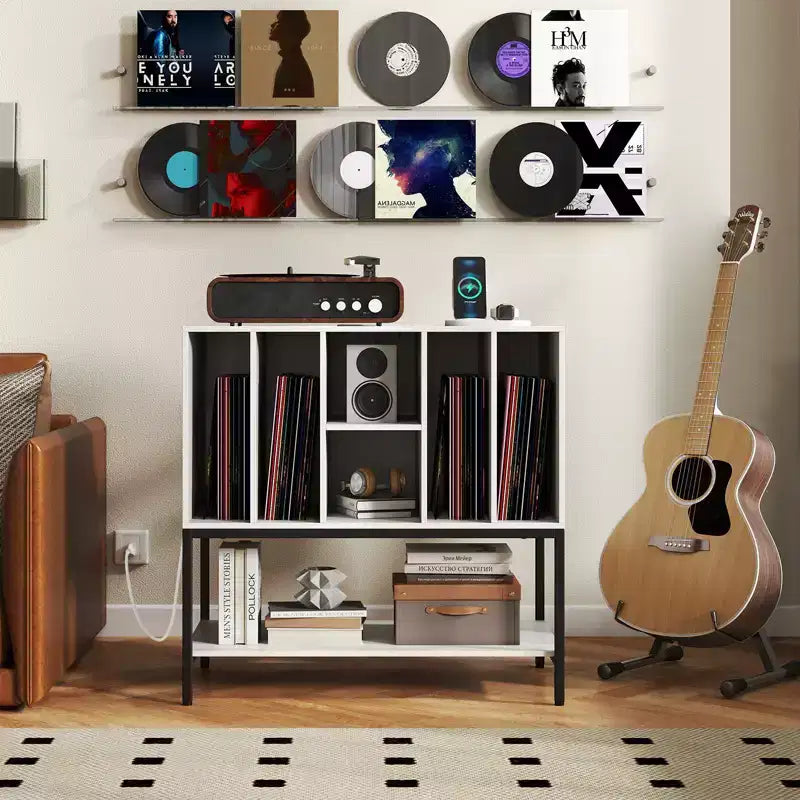 Meuble pour platine vinyle avec station de recharge, rangement pour vinyles, étagères, cadre métallique