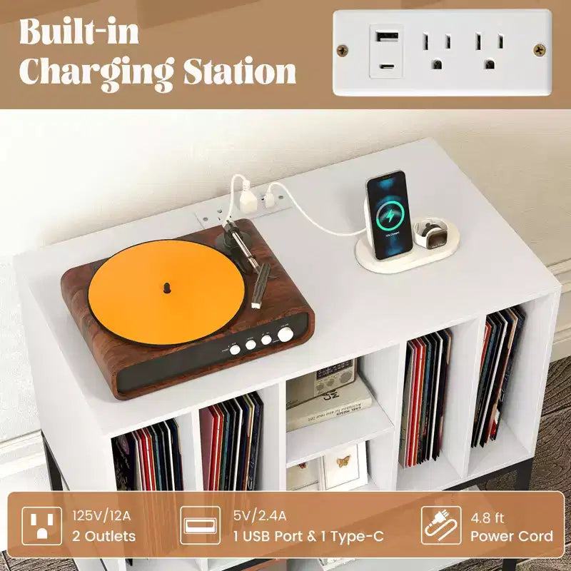 Meuble pour platine vinyle avec station de recharge, rangement pour vinyles, étagères, cadre métallique