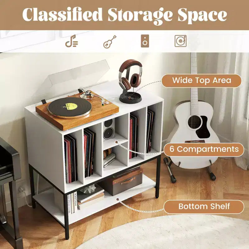 Meuble pour platine vinyle avec station de recharge, rangement pour vinyles, étagères, cadre métallique