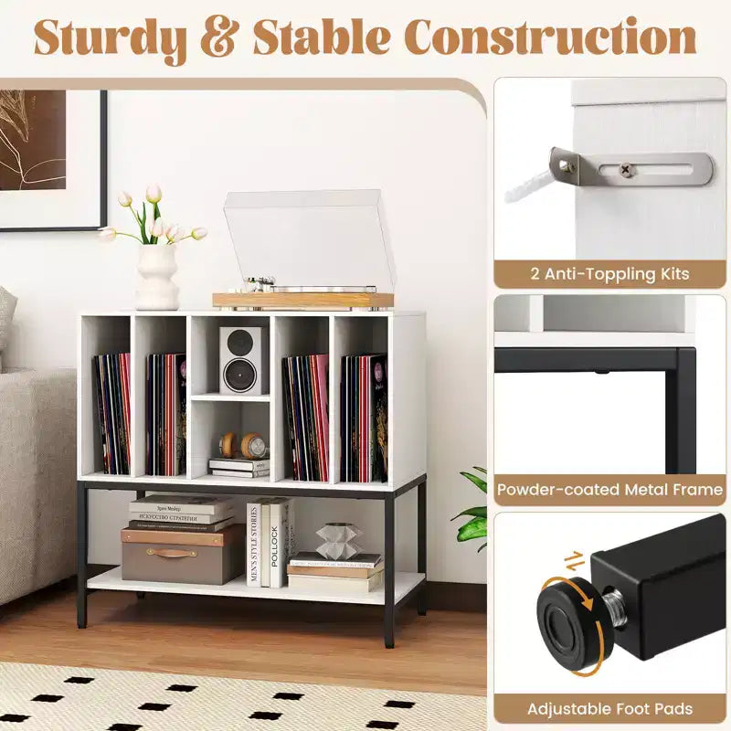 Meuble pour platine vinyle avec station de recharge, rangement pour vinyles, étagères, cadre métallique